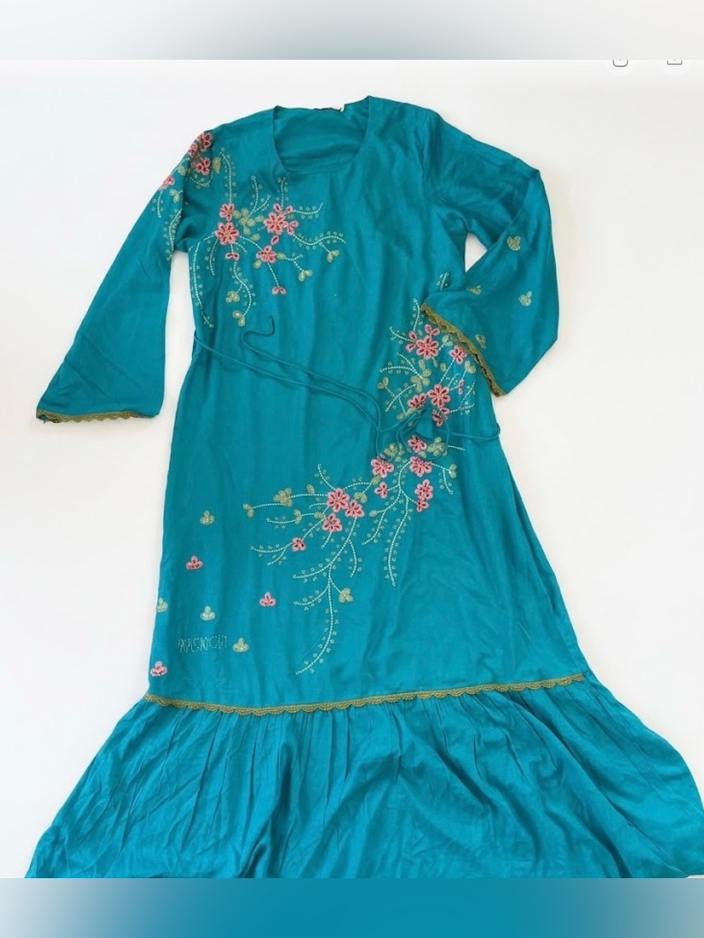 New KASHKHA Teal Long-Sleeve Embroidered Maxi Dress 100% viscose size L